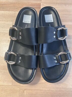Dolce Vita Black Double-Buckle Slide Sandals with Silver Hardware